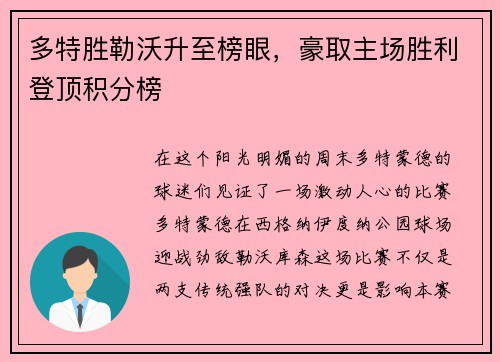 多特胜勒沃升至榜眼，豪取主场胜利登顶积分榜